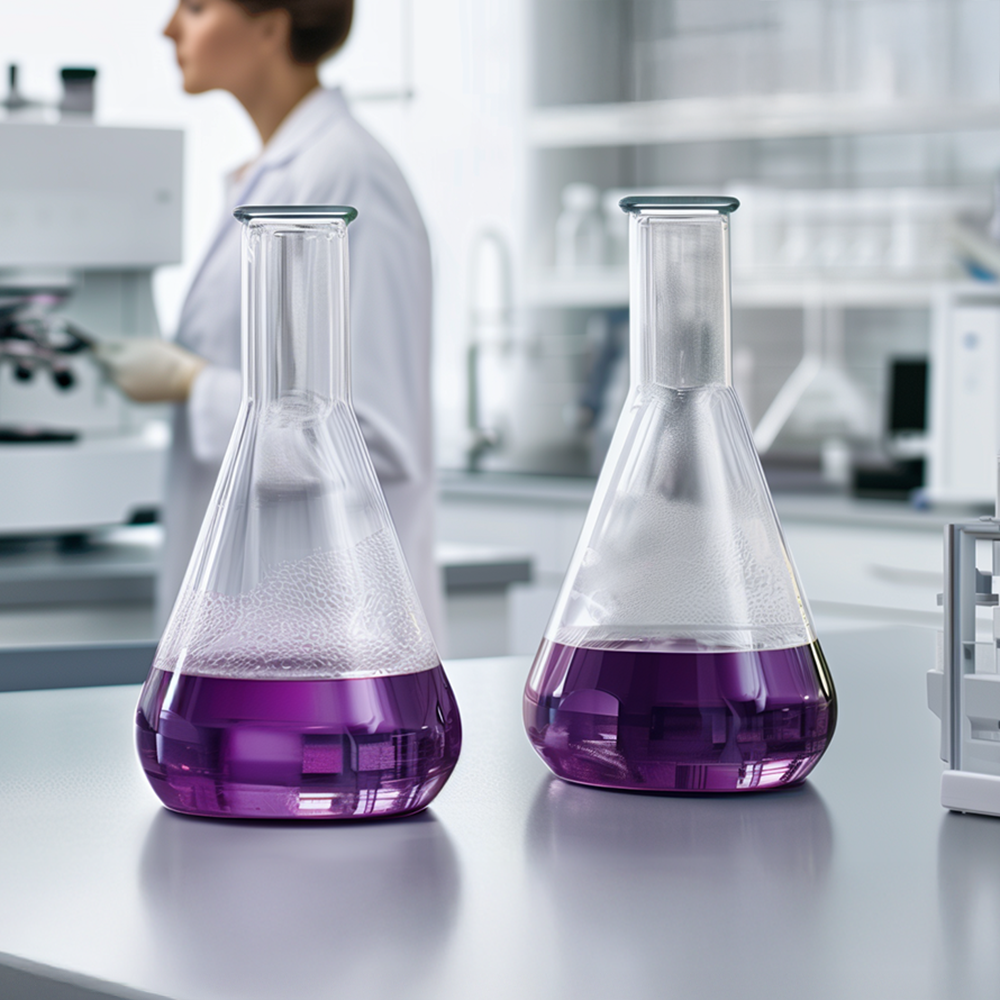 Close-up of two Erlenmeyer flasks with a purple liquid on a lab bench in a laboratory