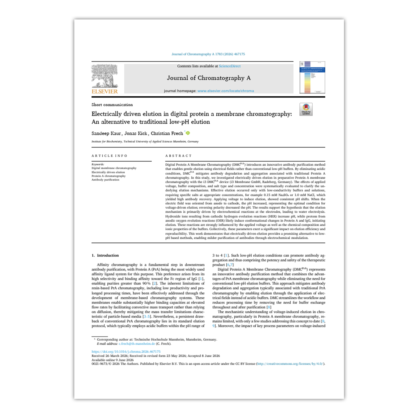 Electrically driven elution in digital protein a membrane chromatography: An alternative to traditional low-pH elution